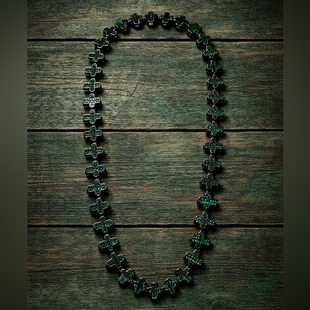 Green Iced-Out Cross Link Necklace | Stainless Steel| Emerald Sparkle 20”